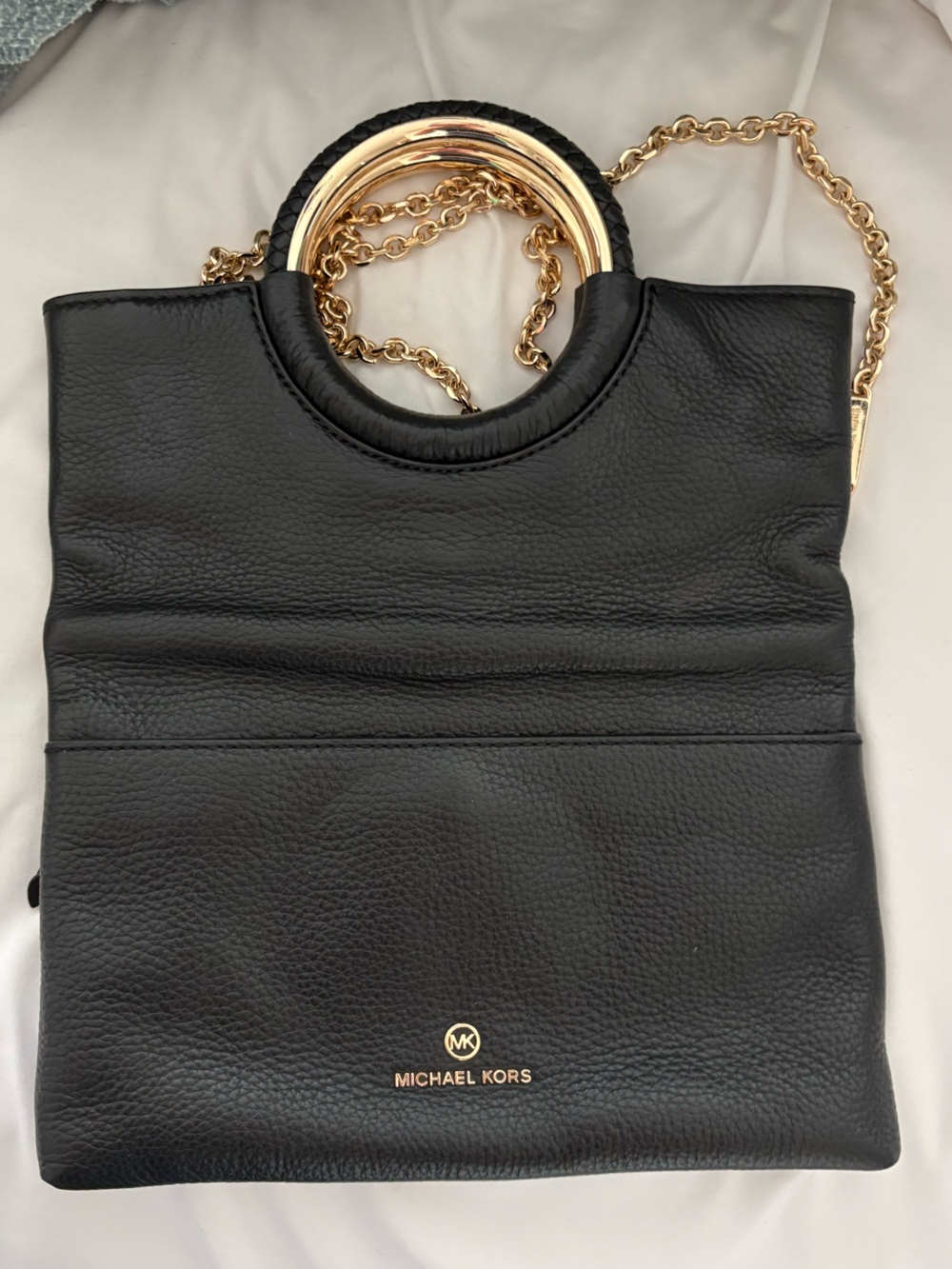 Michael Kors Black Leather Fold Over Clutch with Gold Ring and Crossbody Chain - Picture 2 of 4